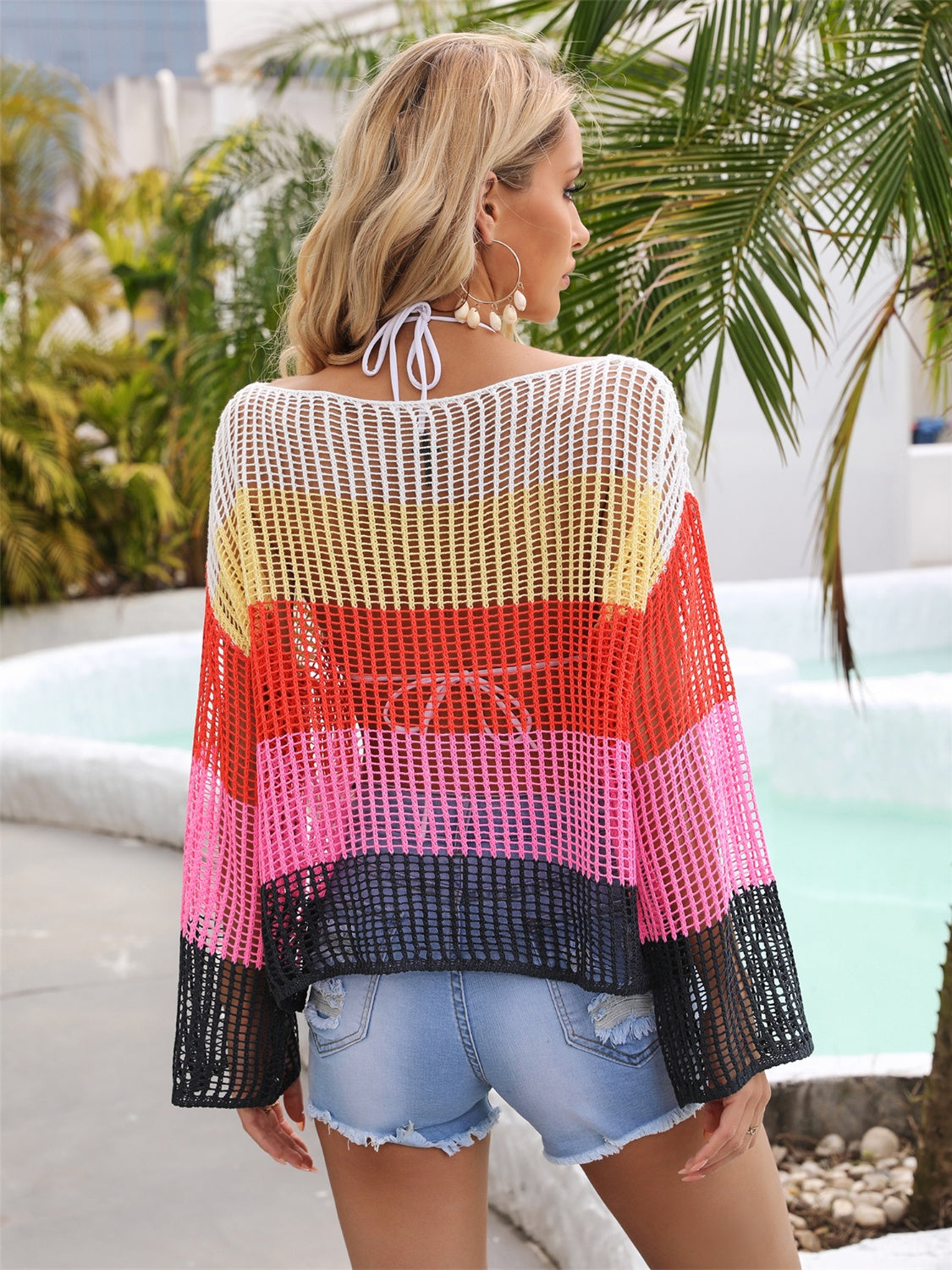 Angel Wings Color Block Openwork Boat Neck Cover Up - The Boutie Shop