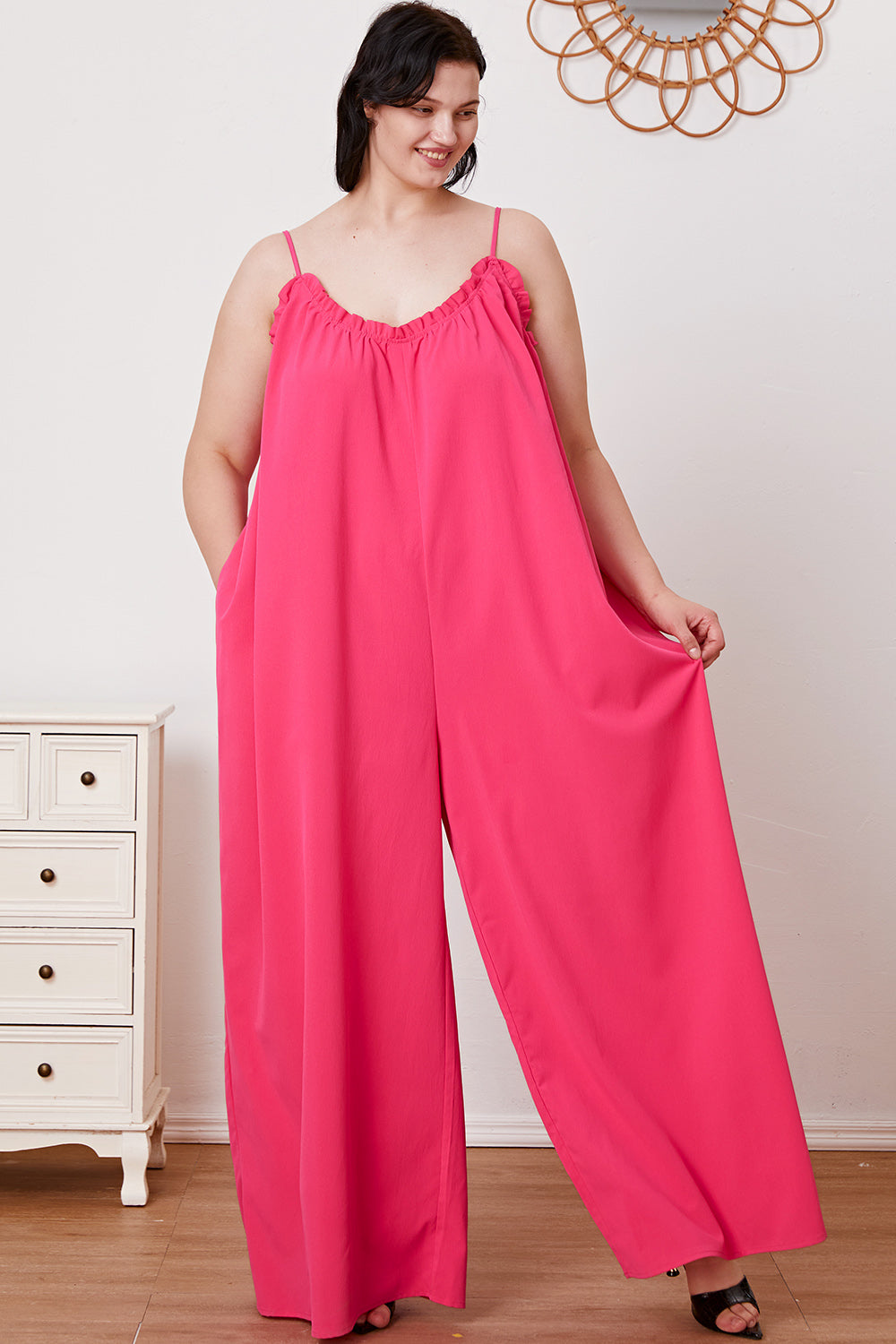 Double Take Full Size Ruffle Trim Tie Back Cami Jumpsuit with Pockets - The Boutie Shop