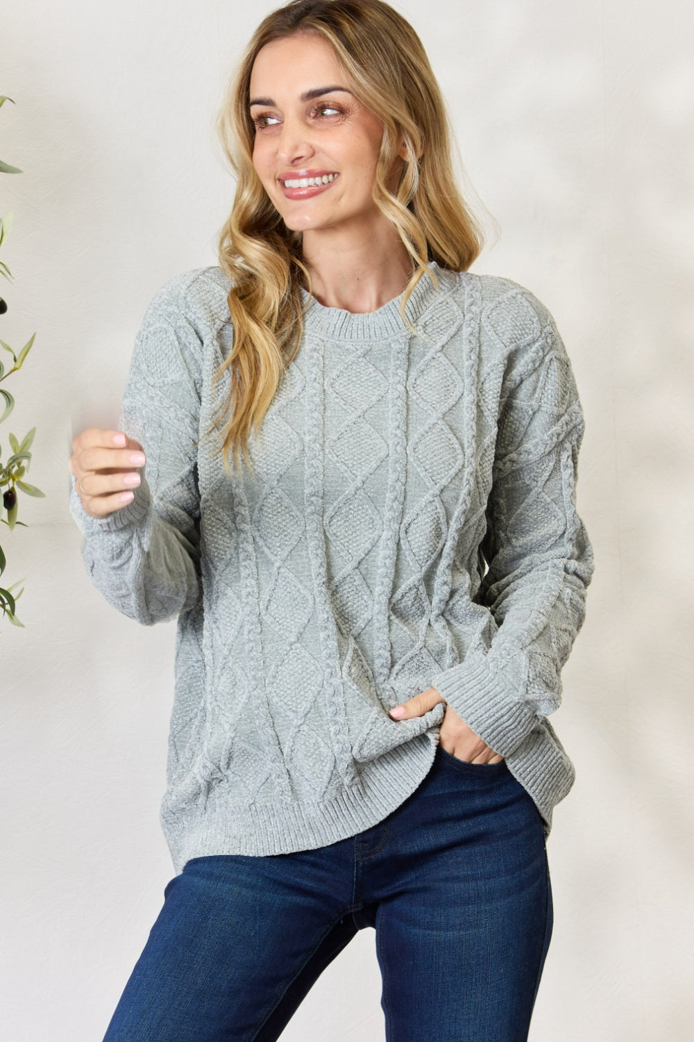 BiBi Cable Knit Round Neck Sweater - The Boutie Shop