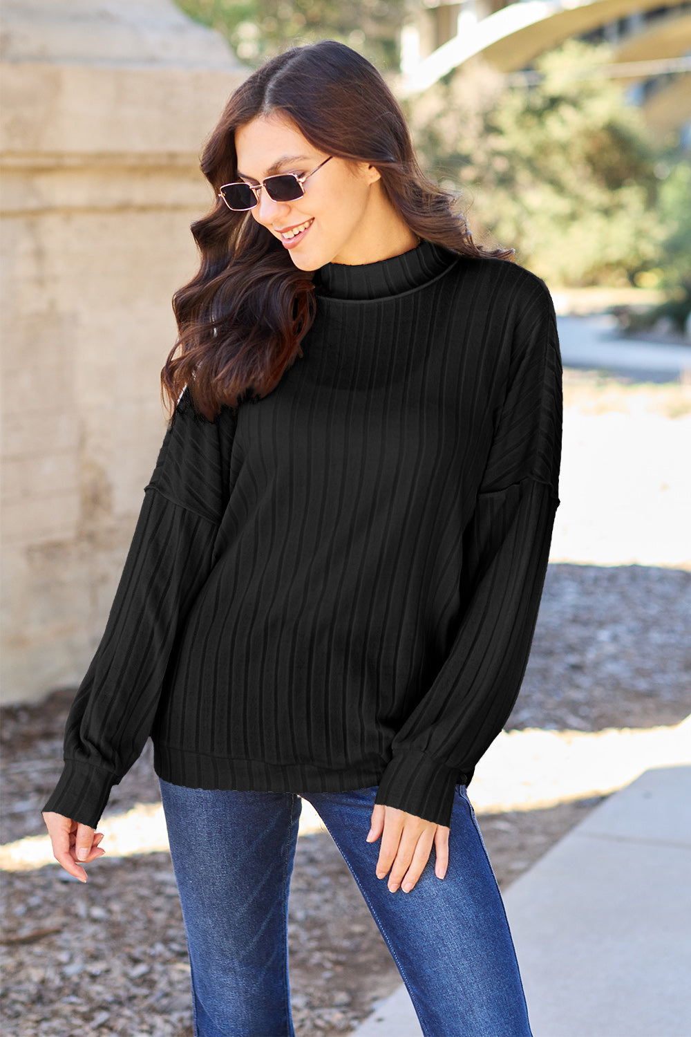 Basic Bae Full Size Ribbed Exposed Seam Mock Neck Knit Top - The Boutie Shop