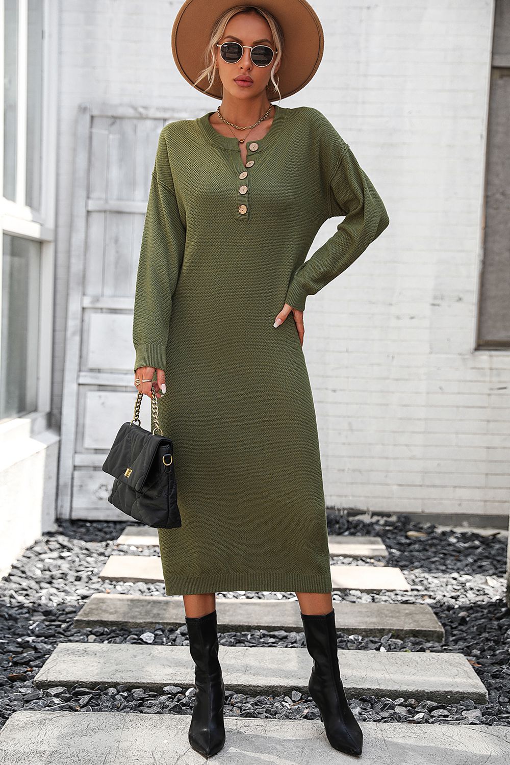 Notched Neck Dropped Shoulder Button-Down Midi Dress - The Boutie Shop