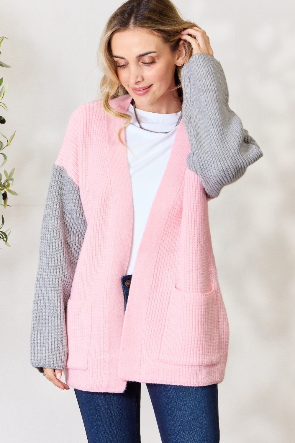 BiBi Contrast Open Front Cardigan with Pockets - The Boutie Shop