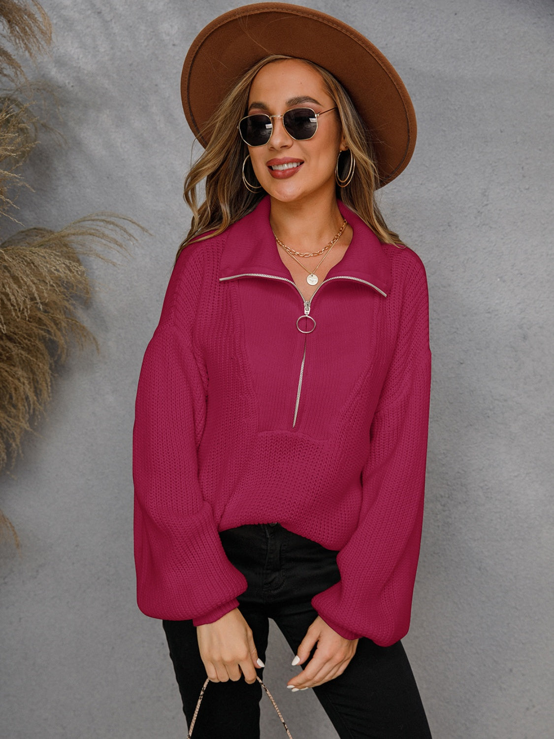 Angel Wings Half Zip Dropped Shoulder Sweater - The Boutie Shop