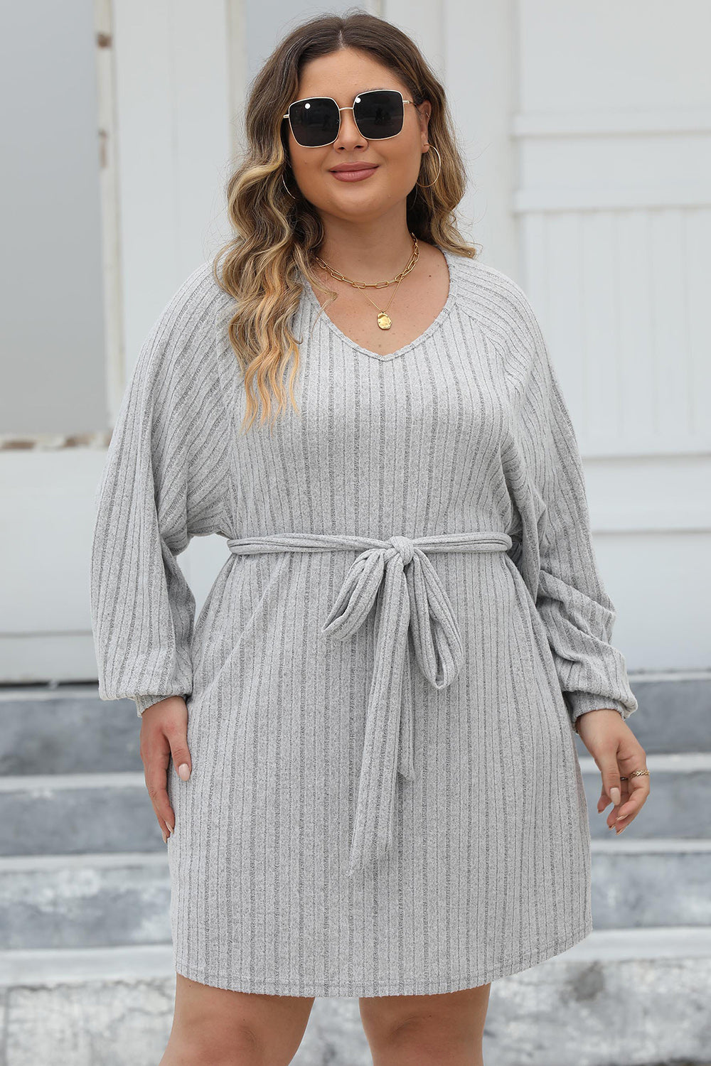 Plus Size Ribbed Tie Front Long Sleeve Sweater Dress - The Boutie Shop