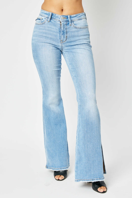 Judy Blue Full Size Mid Rise Raw Hem Slit Flare Jeans - The Boutie Shop