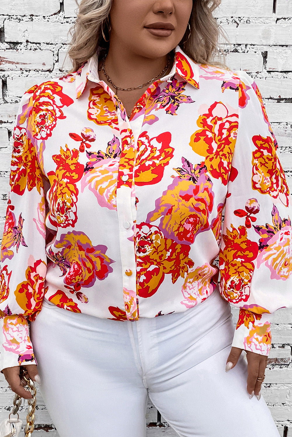 Plus Size Printed Long Sleeve Shirt - The Boutie Shop