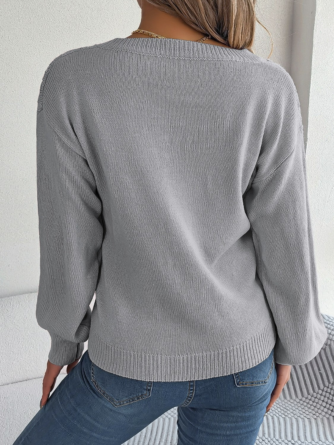 Cable-Knit V-Neck Lantern Sleeve Sweater - The Boutie Shop