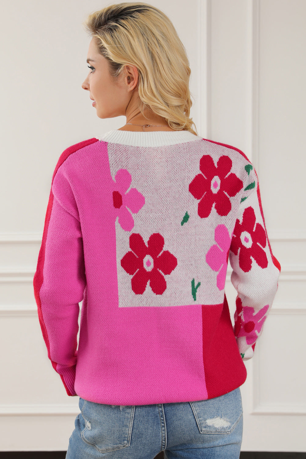 Floral Round Neck Dropped Shoulder Sweater - The Boutie Shop