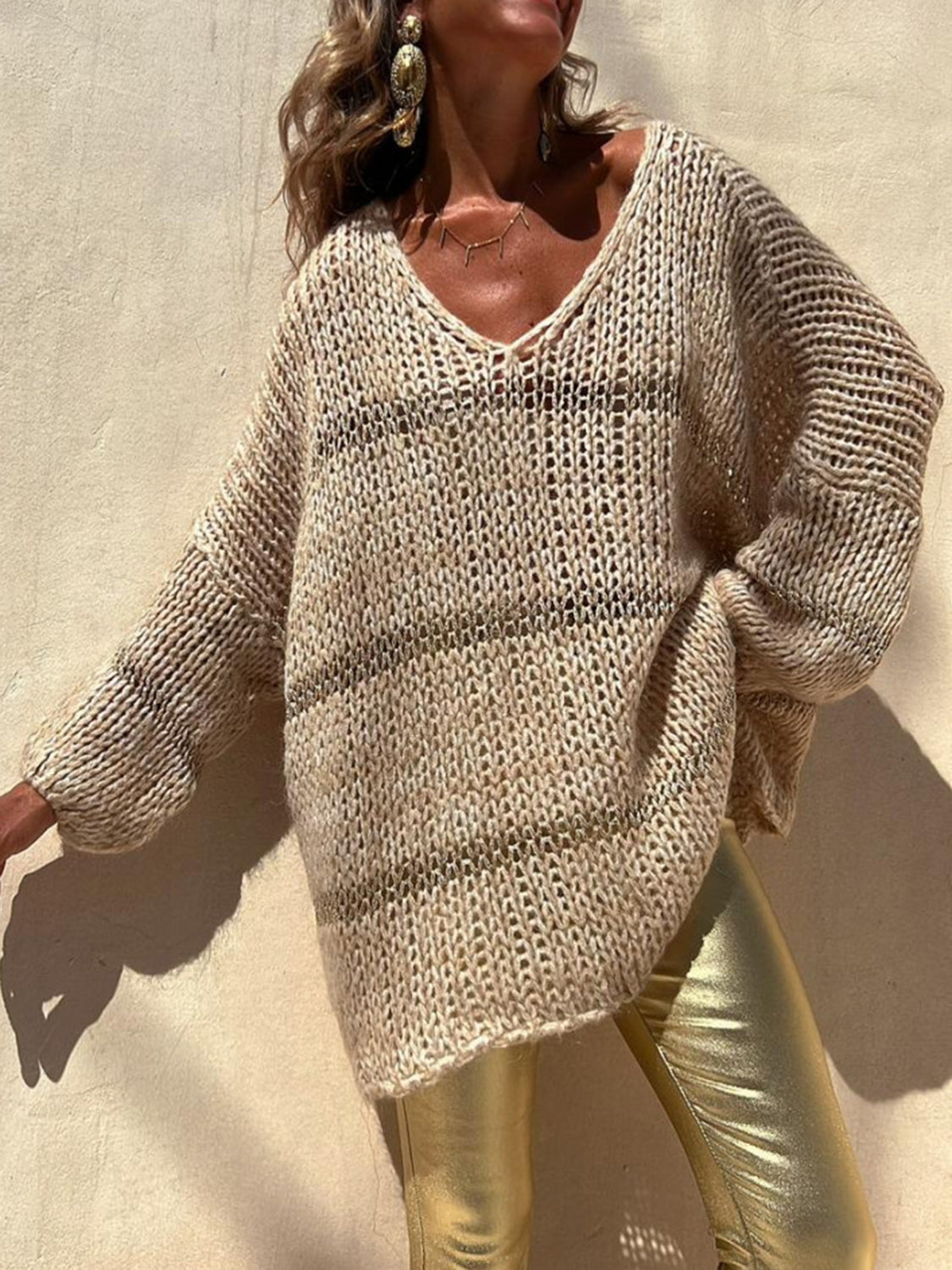 Openwork V-Neck Long Sleeve Sweater - The Boutie Shop