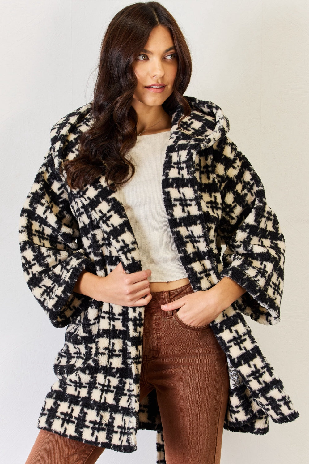 J.NNA Fuzzy Plaid Waist Tie Hooded Robe Cardigan - The Boutie Shop