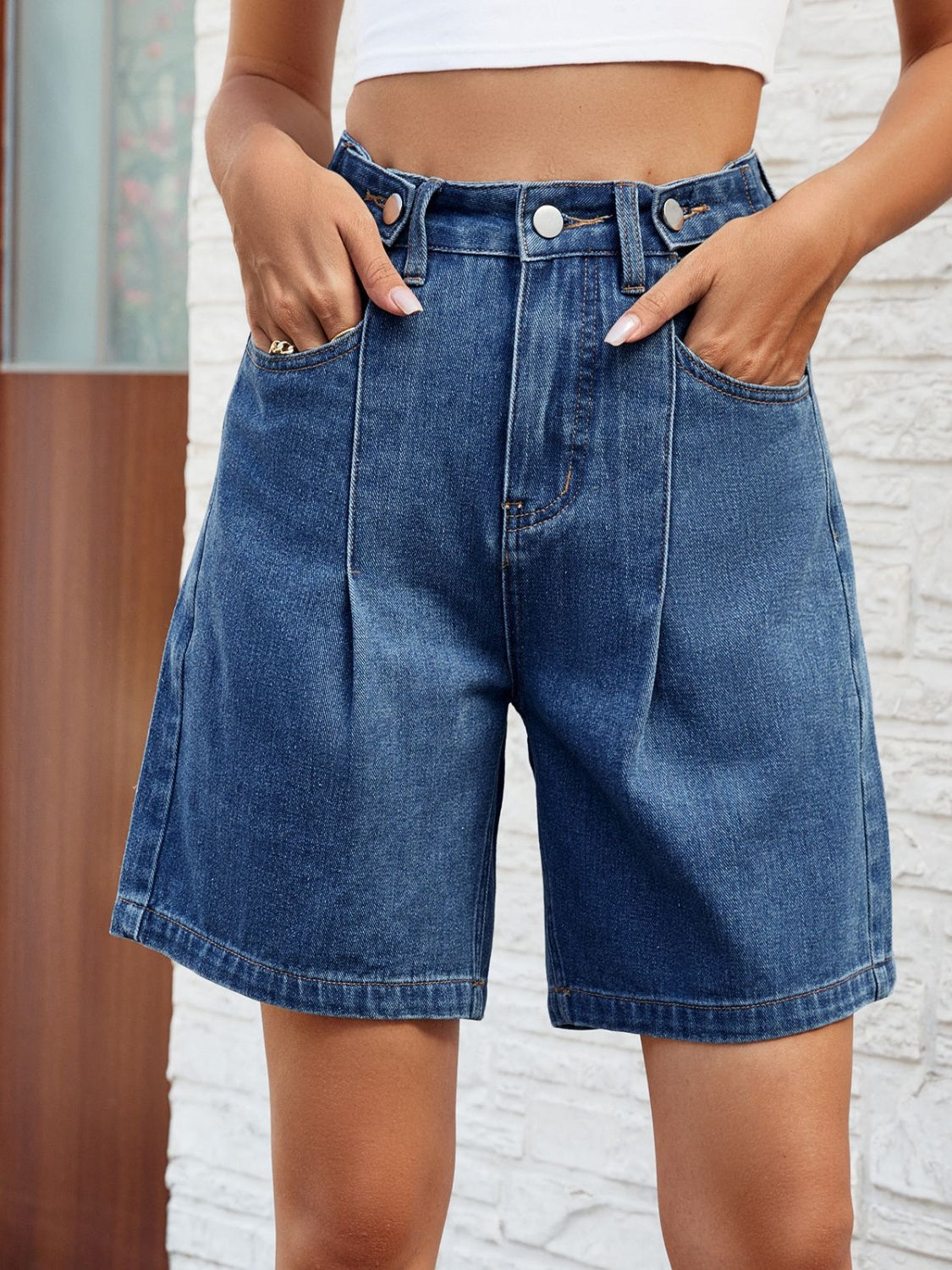 High Waist Denim Shorts with Pockets - The Boutie Shop