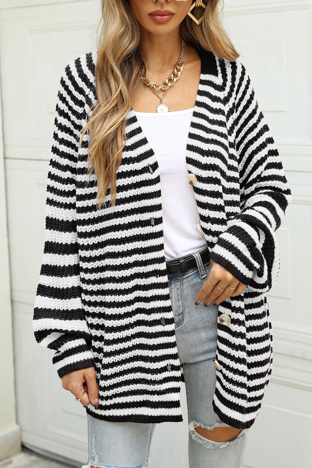 Angel Wings Striped Button Up Long Sleeve Cardigan - The Boutie Shop