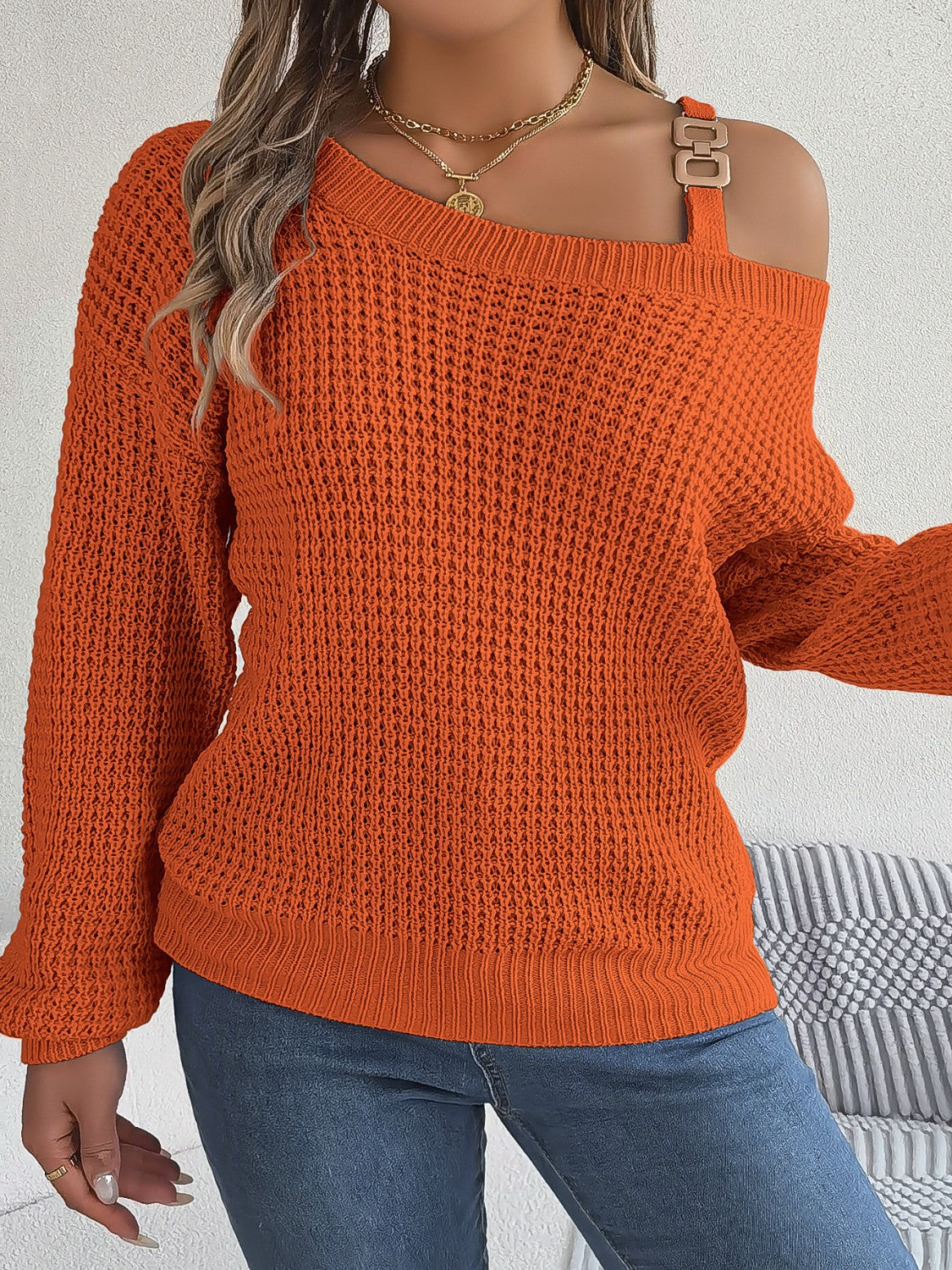 Asymmetrical Neck Long Sleeve Sweater - The Boutie Shop