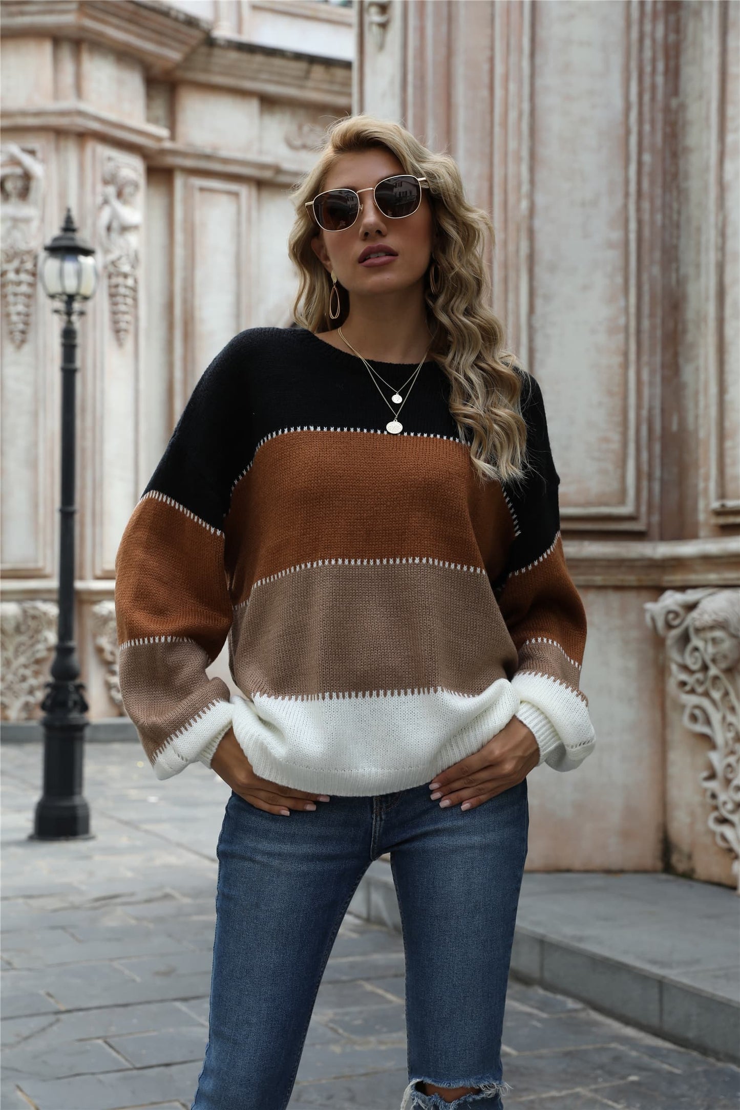 Angel Wings Color Block Round Neck Sweater - The Boutie Shop