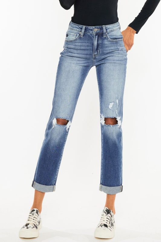 Kancan High Waist Distressed Hem Detail Cropped Straight Jeans - The Boutie Shop