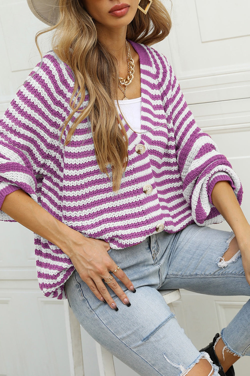 Angel Wings Striped Button Up Long Sleeve Cardigan - The Boutie Shop