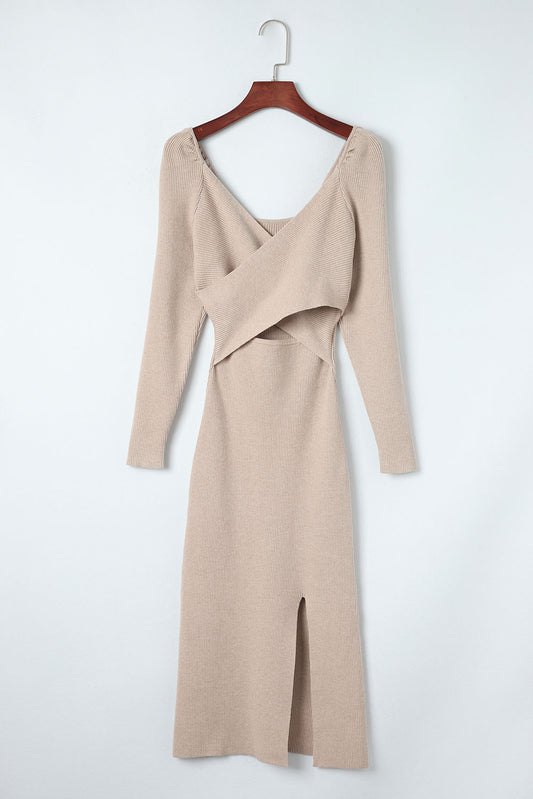 Crisscross Long Sleeve Slit Sweater Dress - The Boutie Shop