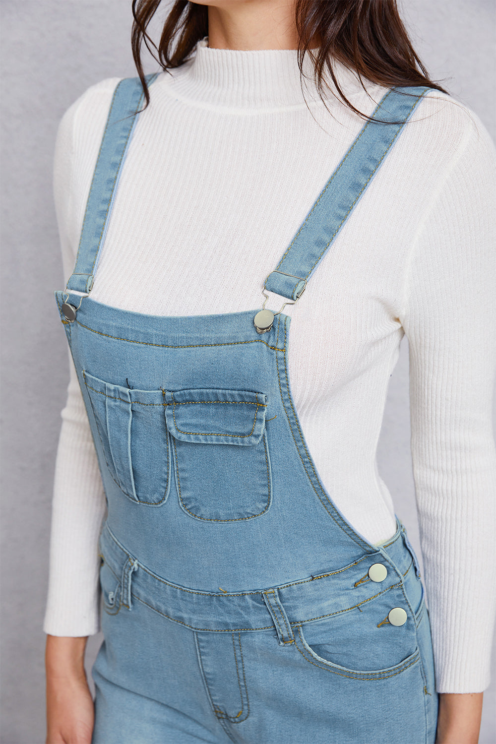 Distressed Washed Denim Overalls with Pockets - The Boutie Shop