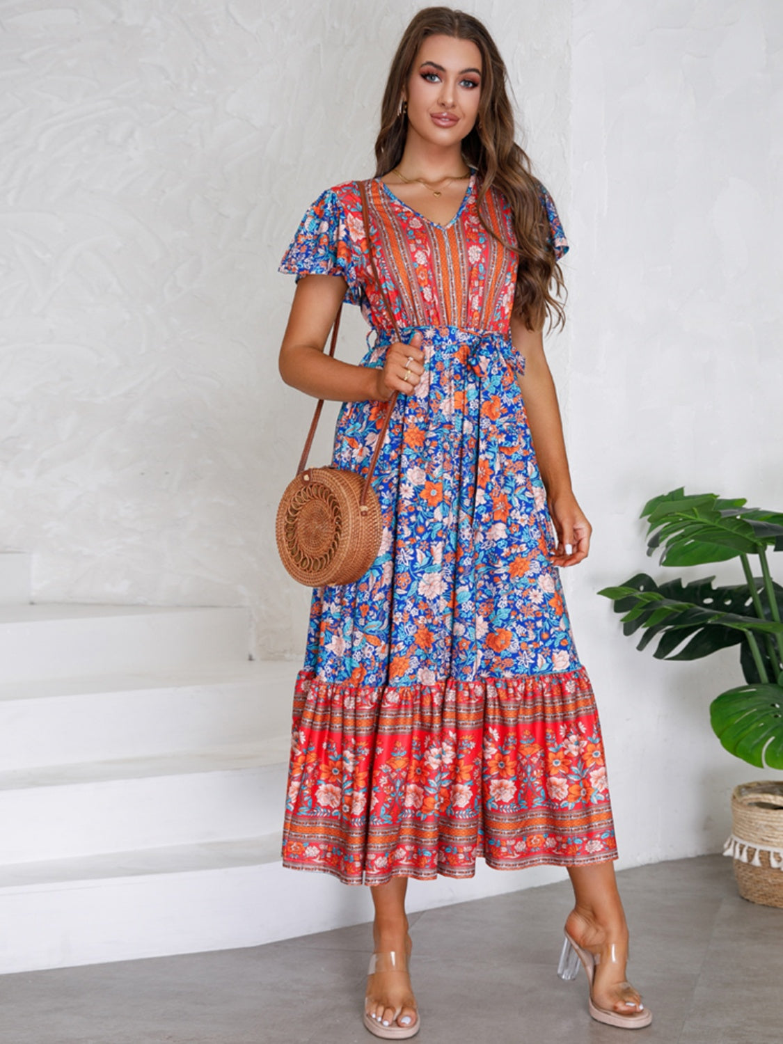 Tied Printed V-Neck Short Sleeve Dress - The Boutie Shop