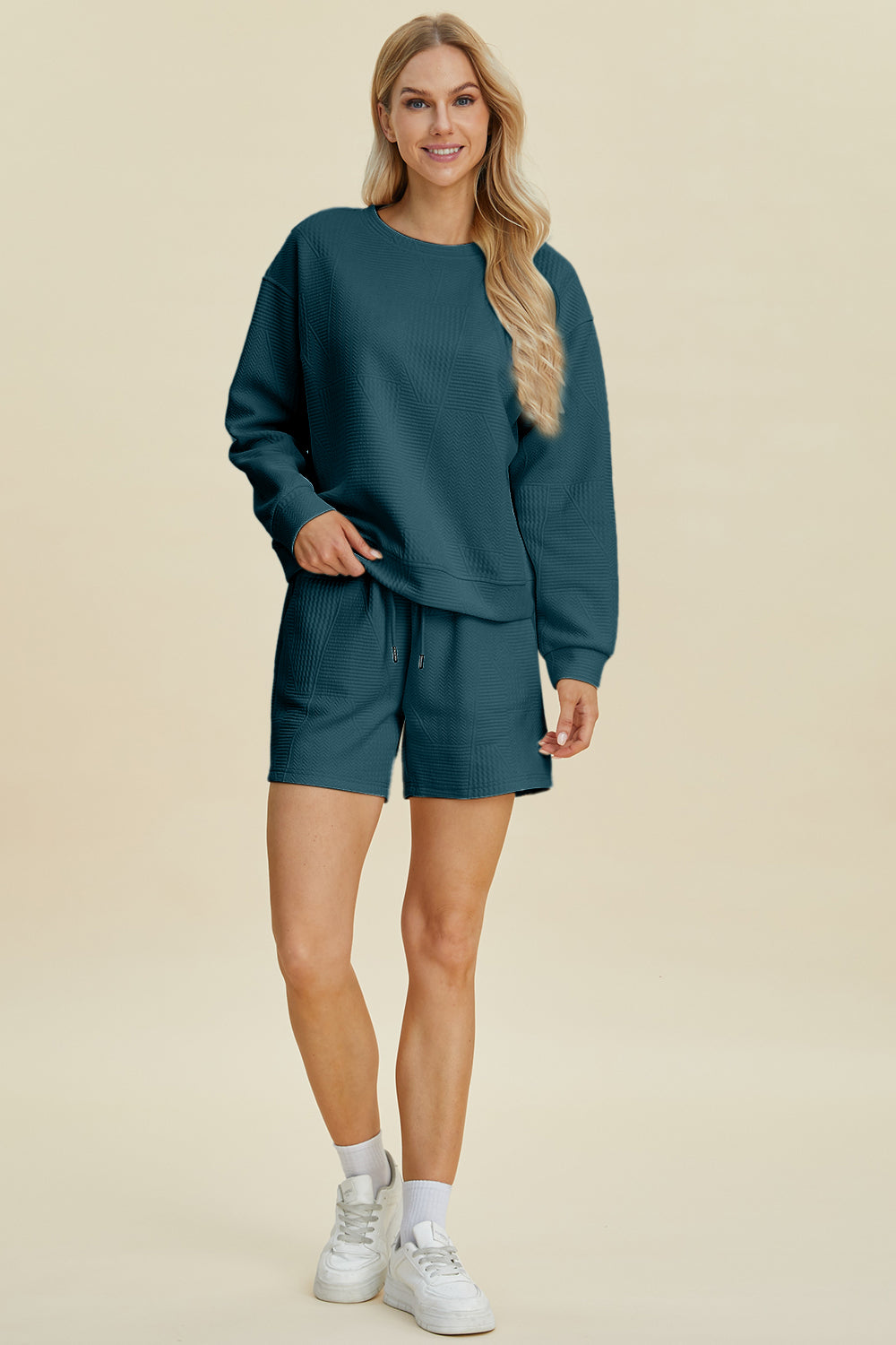 Double Take Full Size Texture Round Neck Long Sleeve Top and Shorts Set - The Boutie Shop