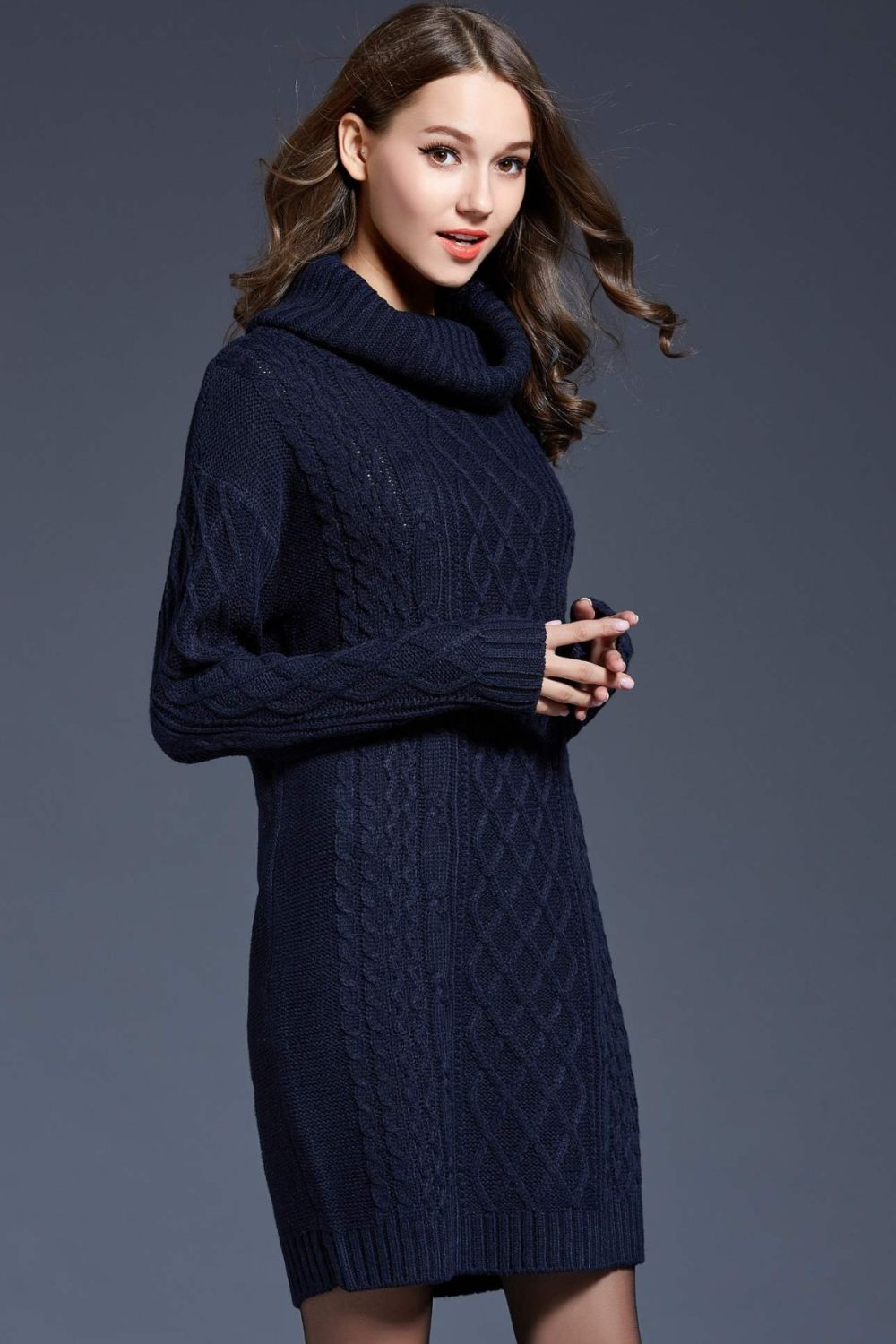 Woven Right Full Size Mixed Knit Cowl Neck Dropped Shoulder Sweater Dress - The Boutie Shop