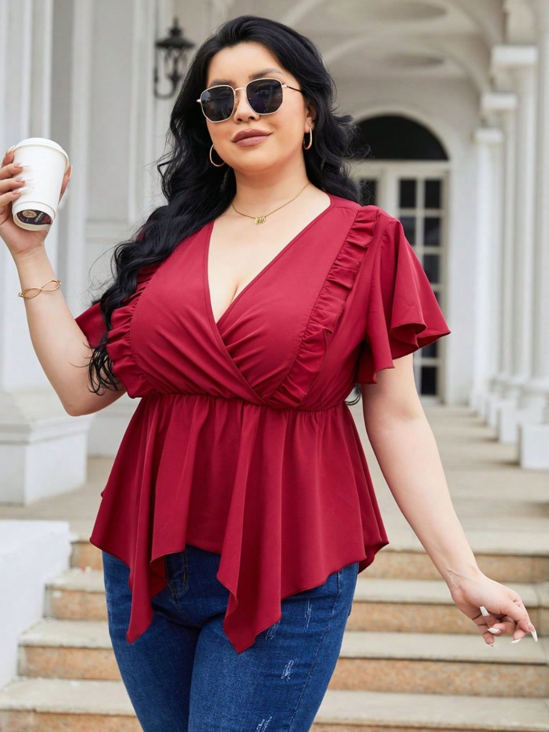 Plus Size Frill Surplice Flutter Sleeve Blouse - The Boutie Shop