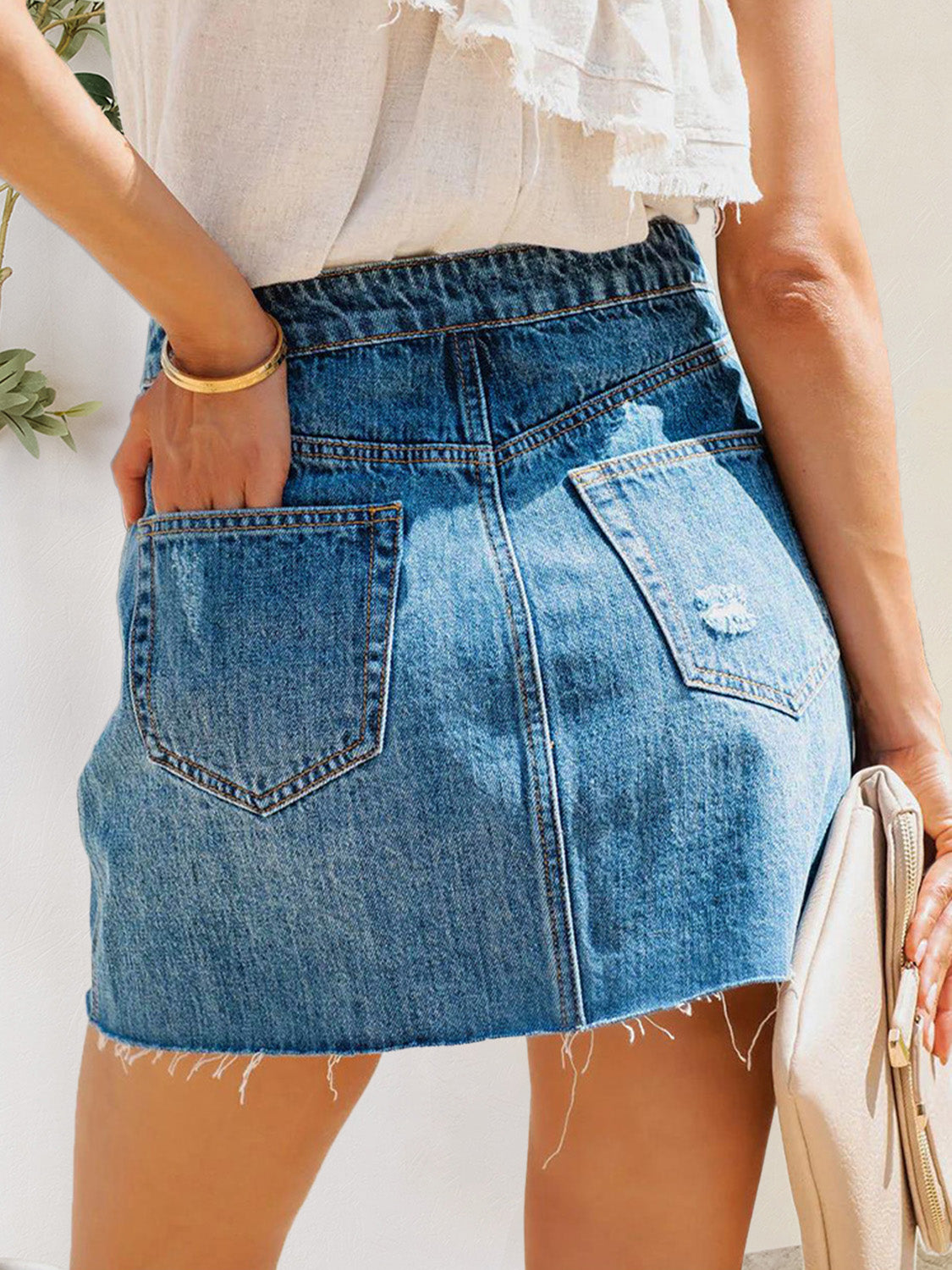 Button-Fly Distressed Raw Hem Denim Skirt - The Boutie Shop