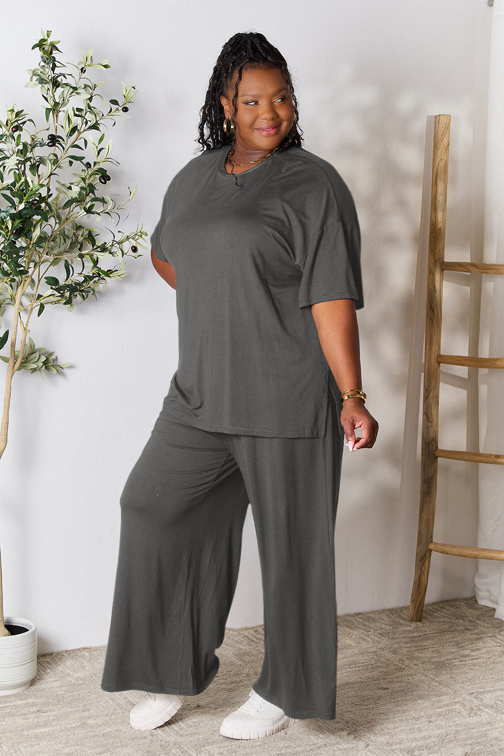 Double Take Full Size Round Neck Slit Top and Pants Set - The Boutie Shop