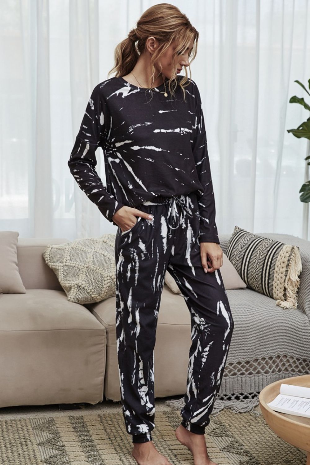 Shiny Tie-Dye Round Neck Top and Drawstring Waist Joggers Lounge Set - The Boutie Shop