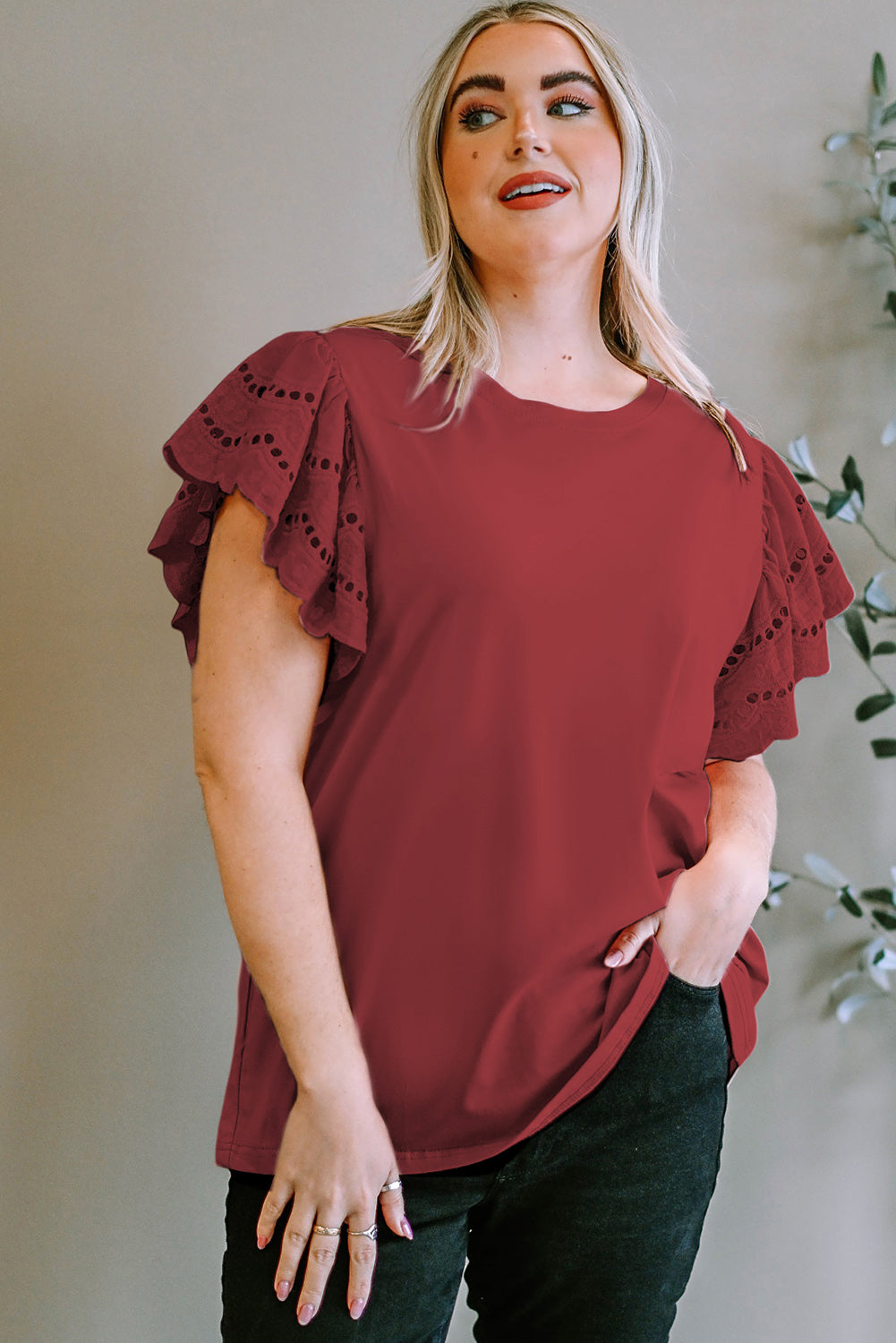 Plus Size Eyelet Round Neck Short Sleeve Blouse - The Boutie Shop