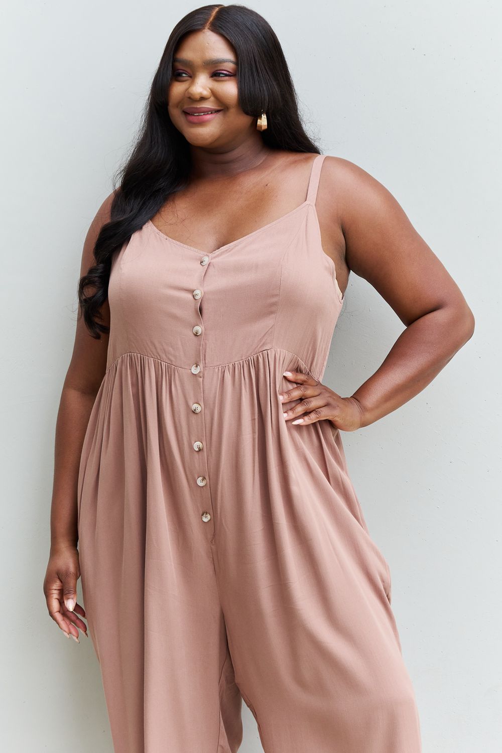 HEYSON All Day Full Size Wide Leg Button Down Jumpsuit in Mocha - The Boutie Shop