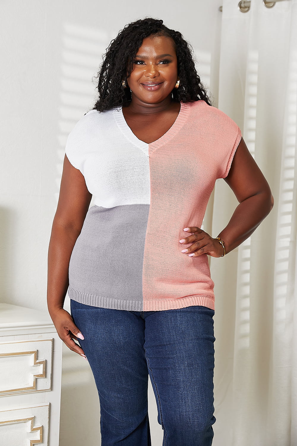 Color Block V-Neck Knit Top - The Boutie Shop