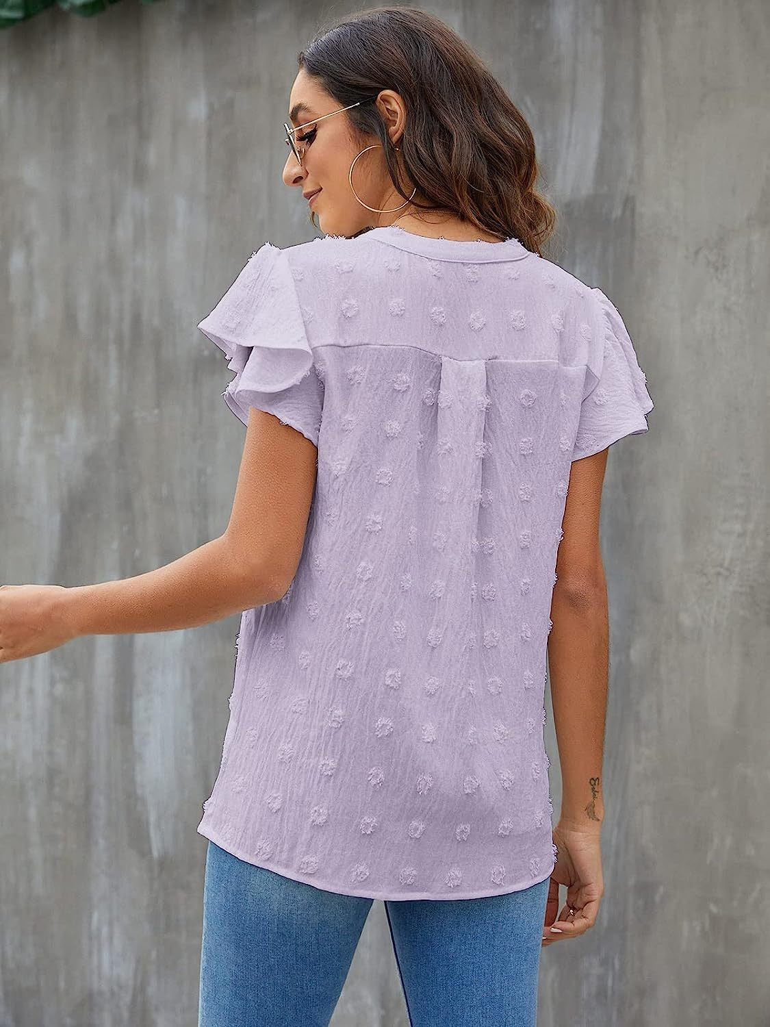 Swiss Dot Notched Cap Sleeve Blouse - The Boutie Shop