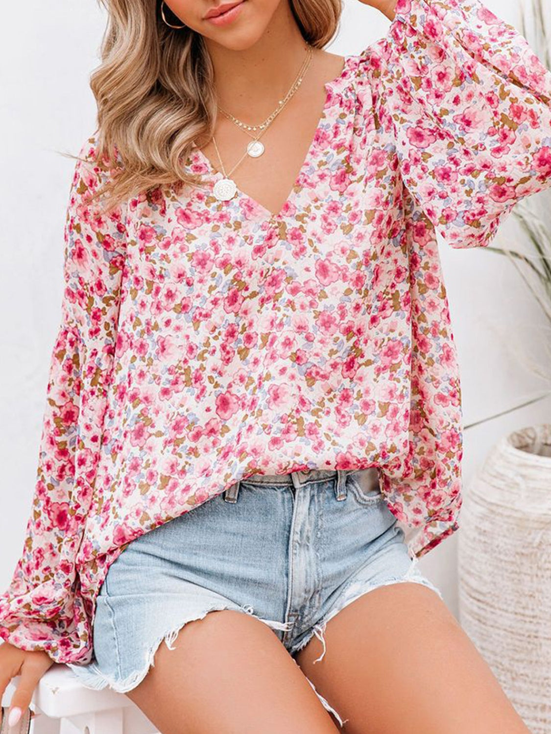 Floral Notched Balloon Sleeve Blouse - The Boutie Shop