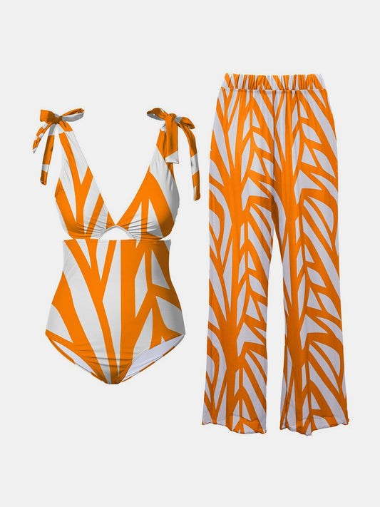 FAM-FAM Printed Tie Shoulder Swimwear and Pants Swim Set - The Boutie Shop