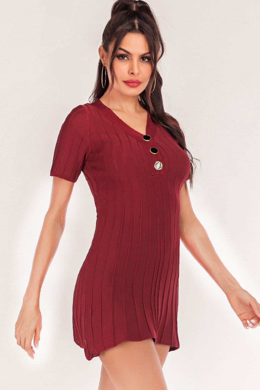 Buttoned Short Sleeve V-Neck Knit Dress - The Boutie Shop