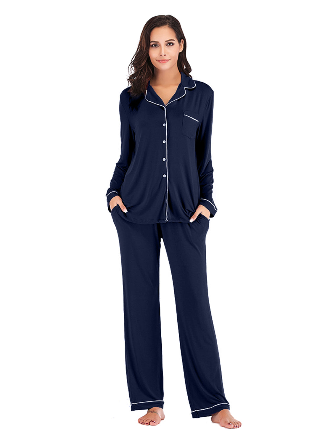 Collared Neck Long Sleeve Loungewear Set with Pockets - The Boutie Shop