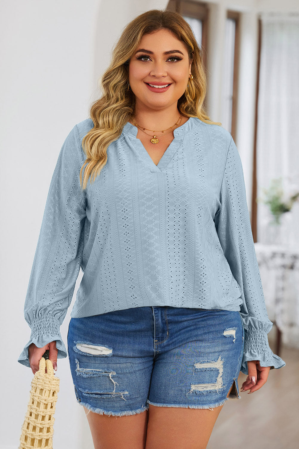 Plus Size Eyelet Notched Flounce Sleeve Blouse - The Boutie Shop