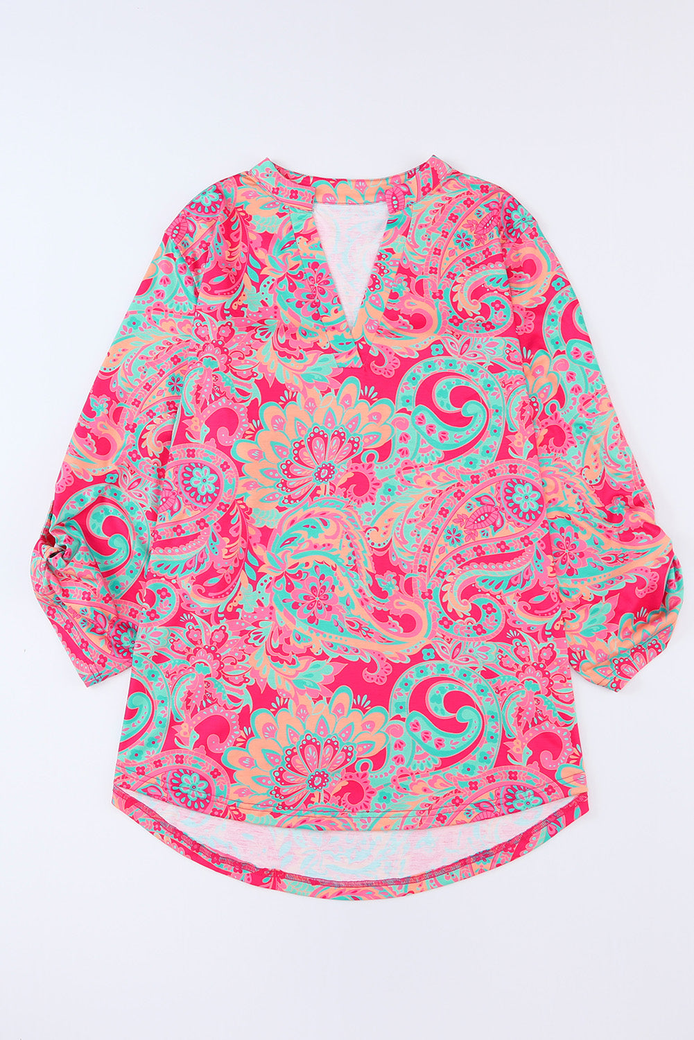 Plus Size Printed Notched Long Sleeve Blouse - The Boutie Shop