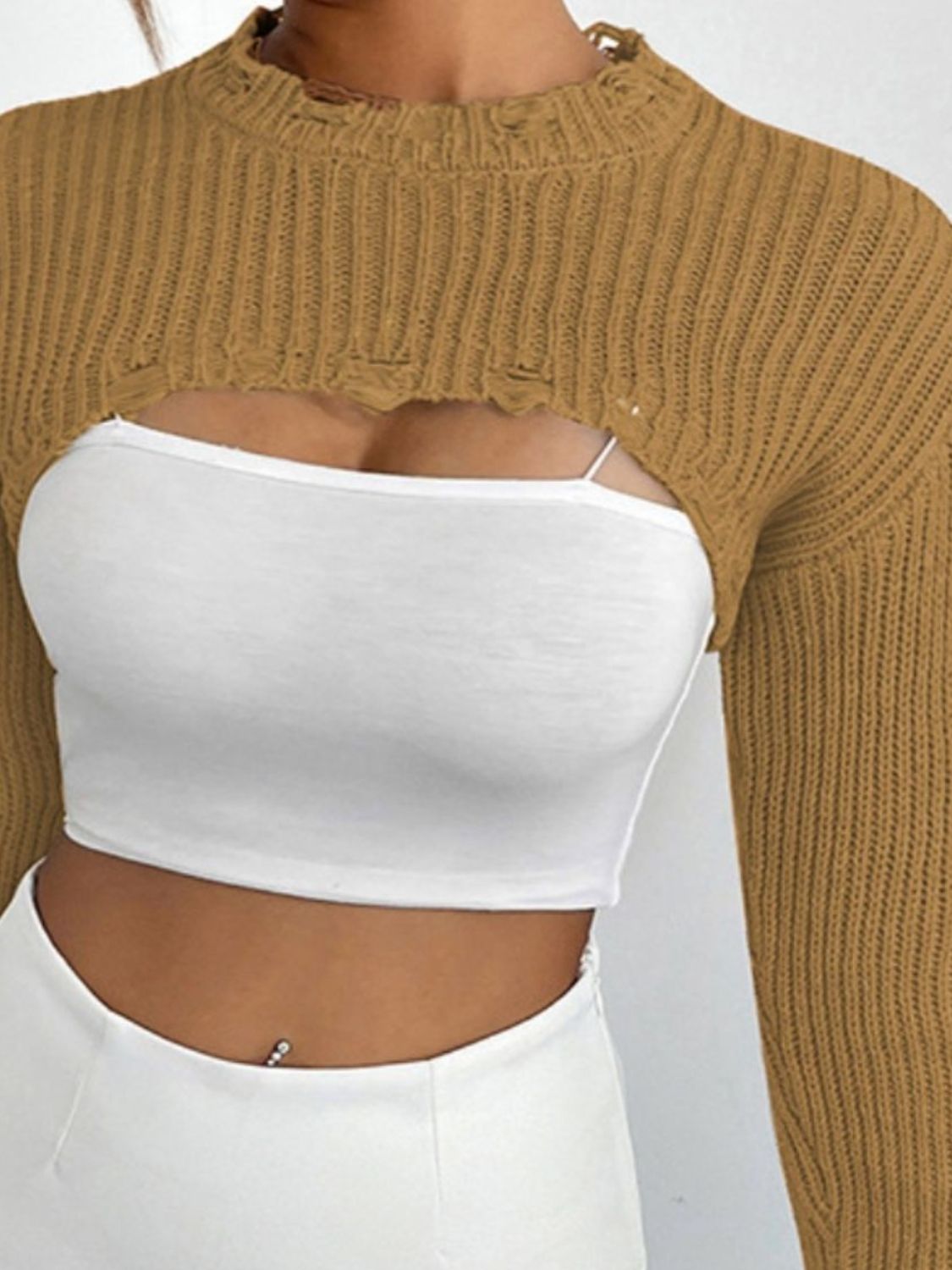 Distressed Long Sleeve Cropped Sweater - The Boutie Shop