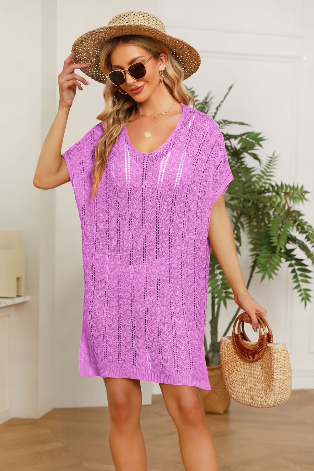 Openwork Side Slit Knit Dress - The Boutie Shop