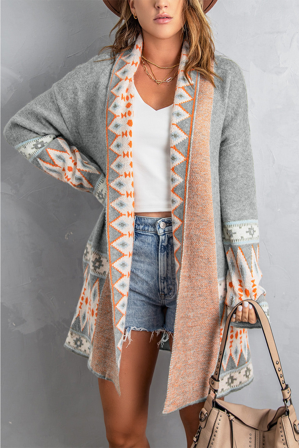 Geometric Open Front Long Sleeve Cardigan - The Boutie Shop