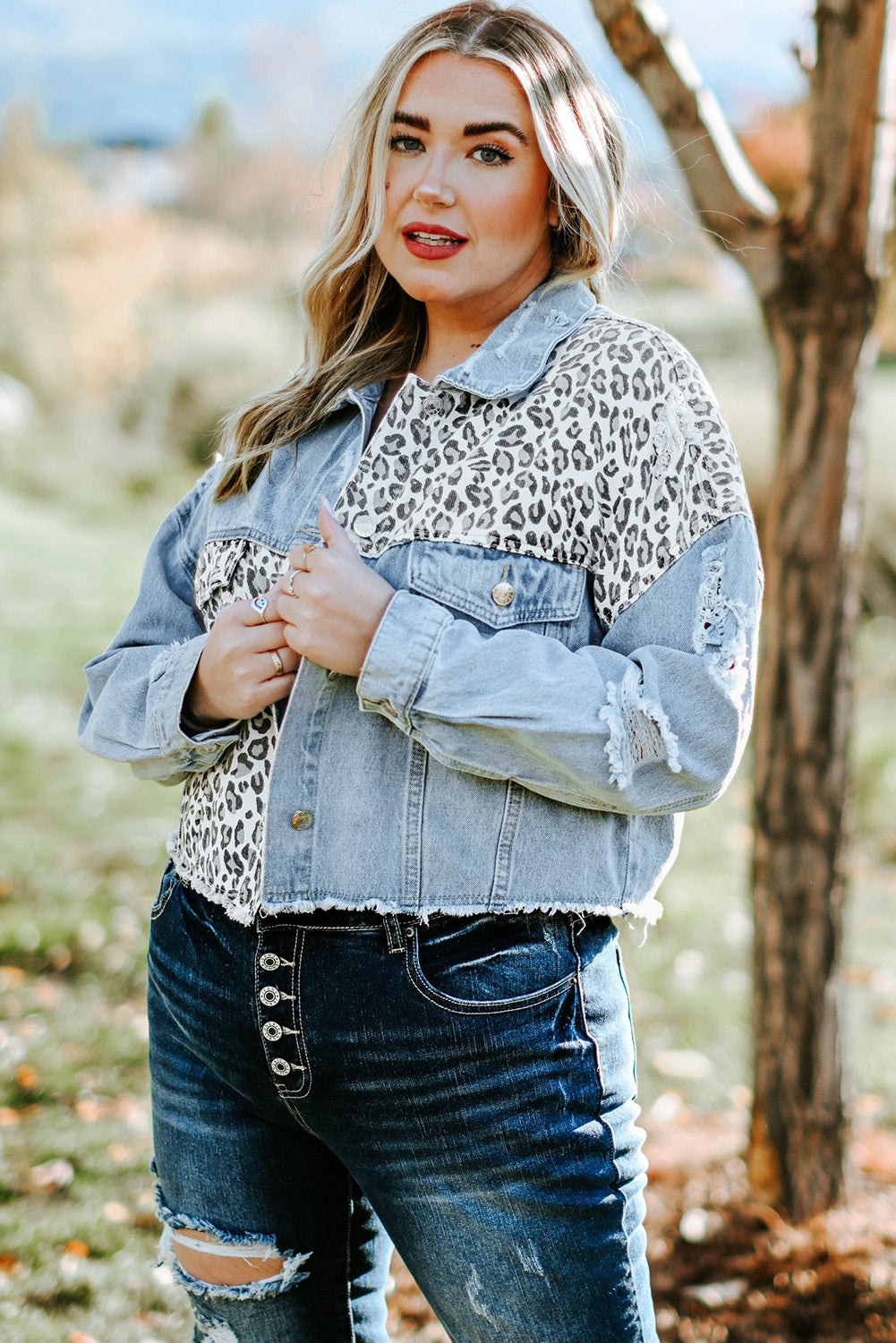 Plus Size Leopard Raw Hem Distressed Spliced Denim Jacket - The Boutie Shop