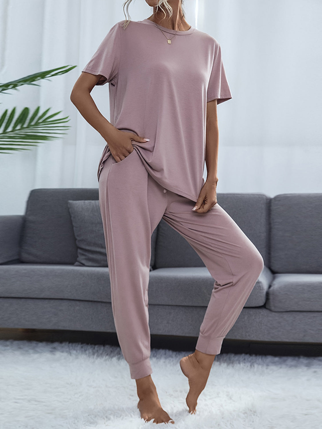 Shiny Round Neck Short Sleeve Top and Pants Set - The Boutie Shop