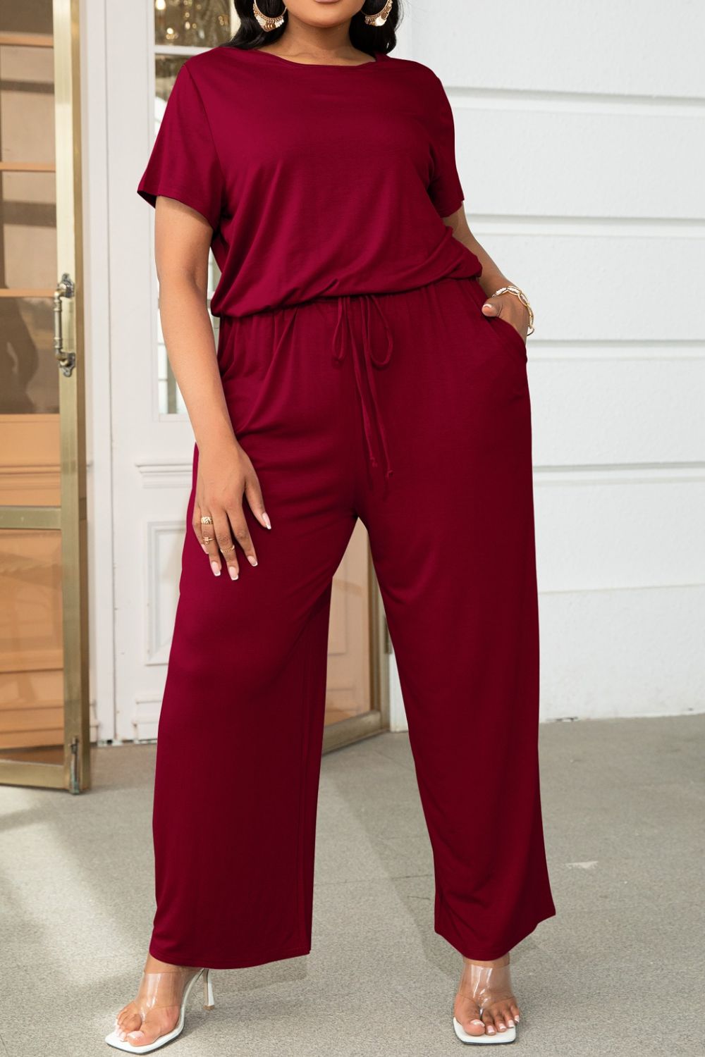 Plus Size Drawstring Waist Short Sleeve Jumpsuit - The Boutie Shop