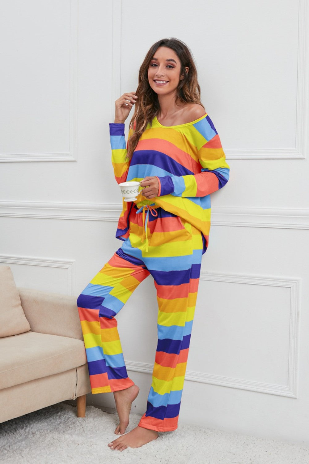 Striped Round Neck Long Sleeve Top and Drawstring Pants Lounge Set - The Boutie Shop