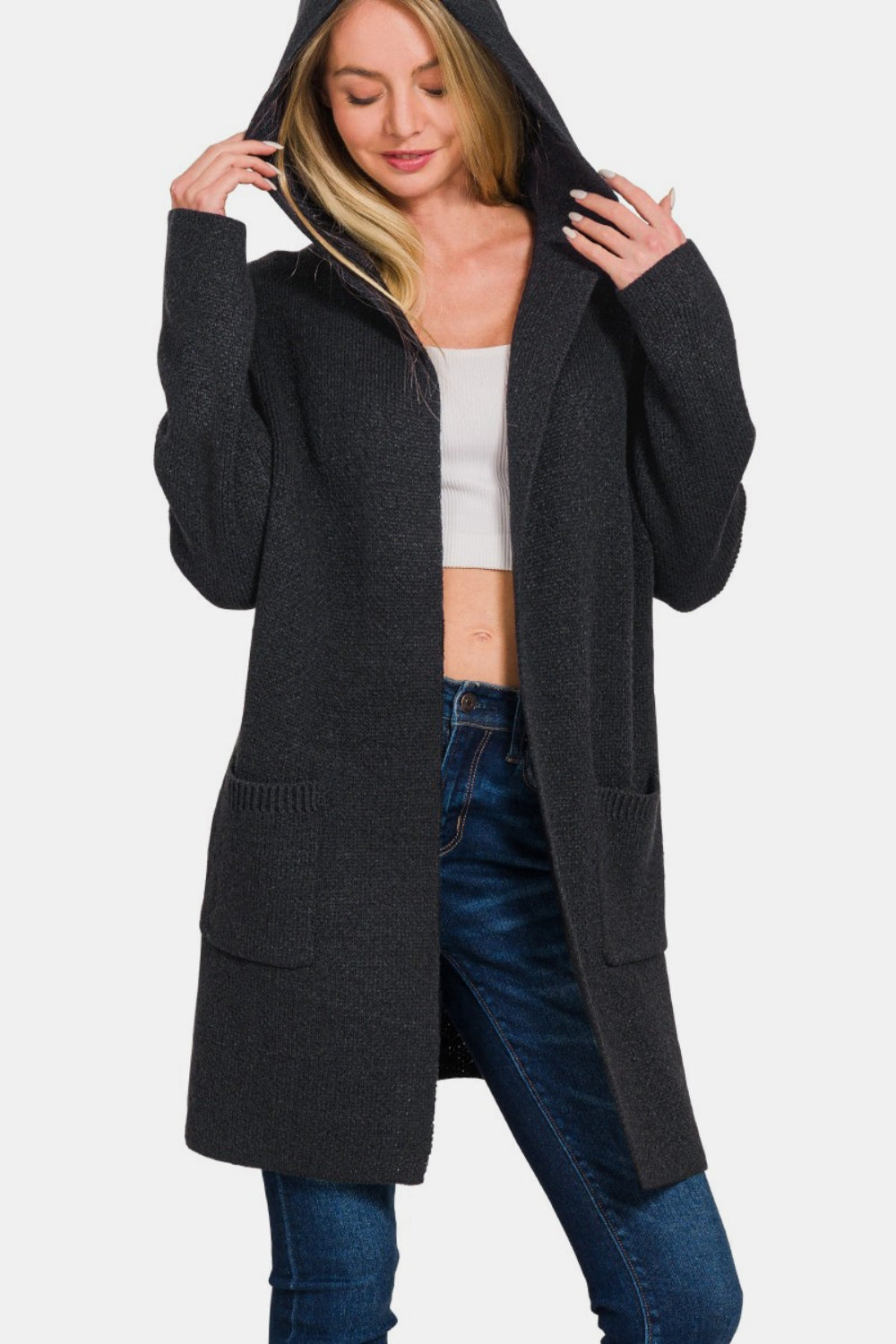 Zenana Hooded Open Front Sweater Cardigan - The Boutie Shop