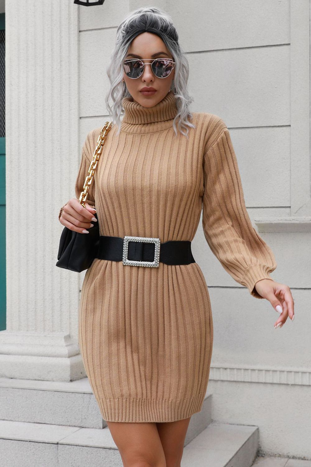 Ribbed Turtle Neck Long Sleeve Mini Sweater Dress - The Boutie Shop