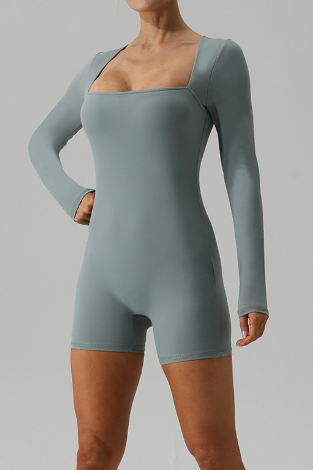 Square Neck Long Sleeve Active Romper - The Boutie Shop