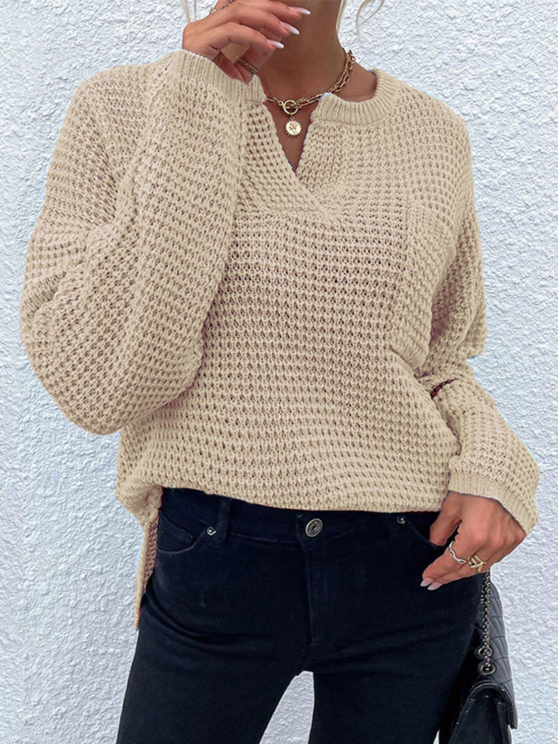 Notched Long Sleeve Sweater - The Boutie Shop